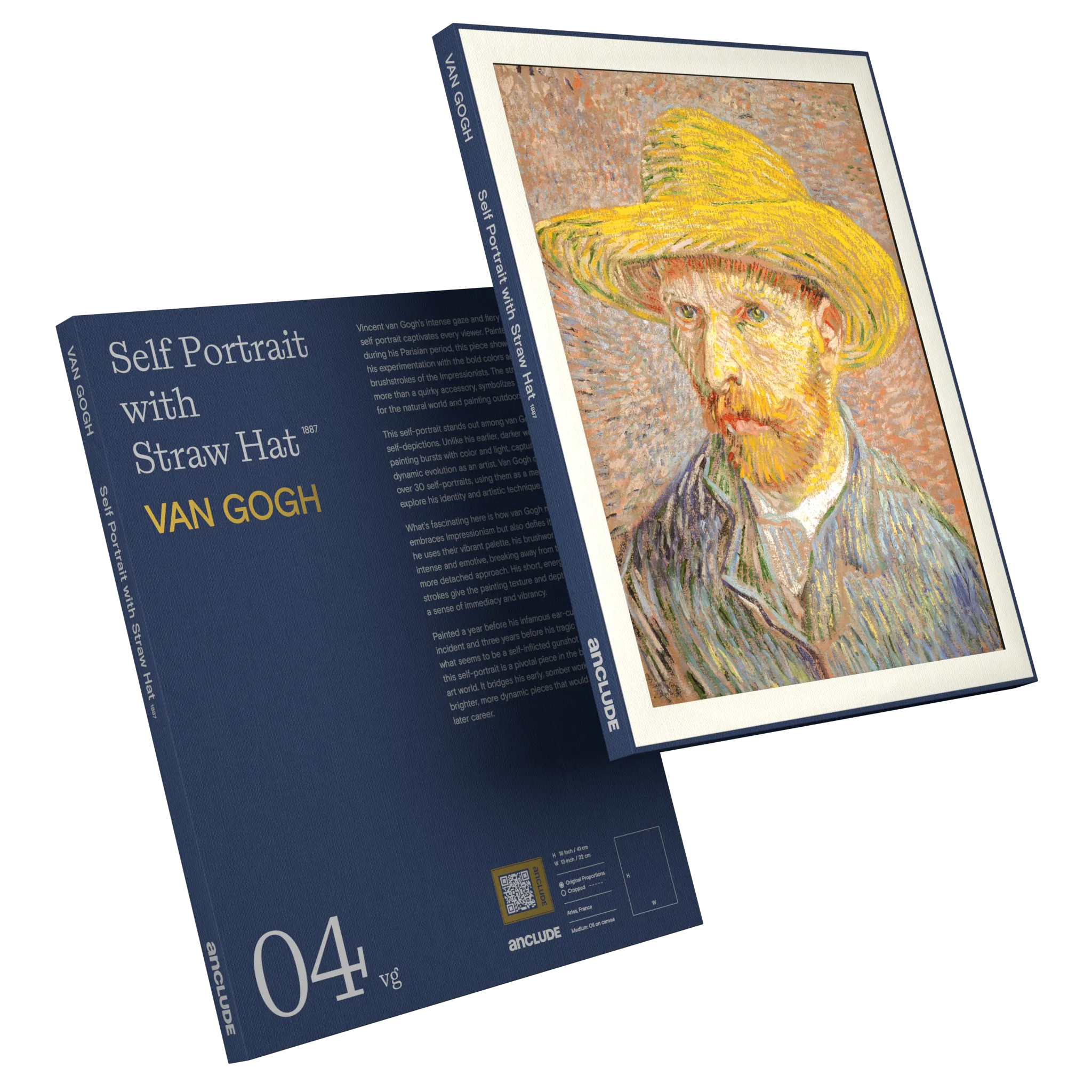 Art print by Vincent Van Gogh: Self Portrait with Straw Hat (alt: Art print by Vincent Van Gogh: Self Portrait with Straw Hat (alt: Angled front & back view of Self Portrait with Straw Hat art print by Van Gogh in Anclude’s collectible format))
