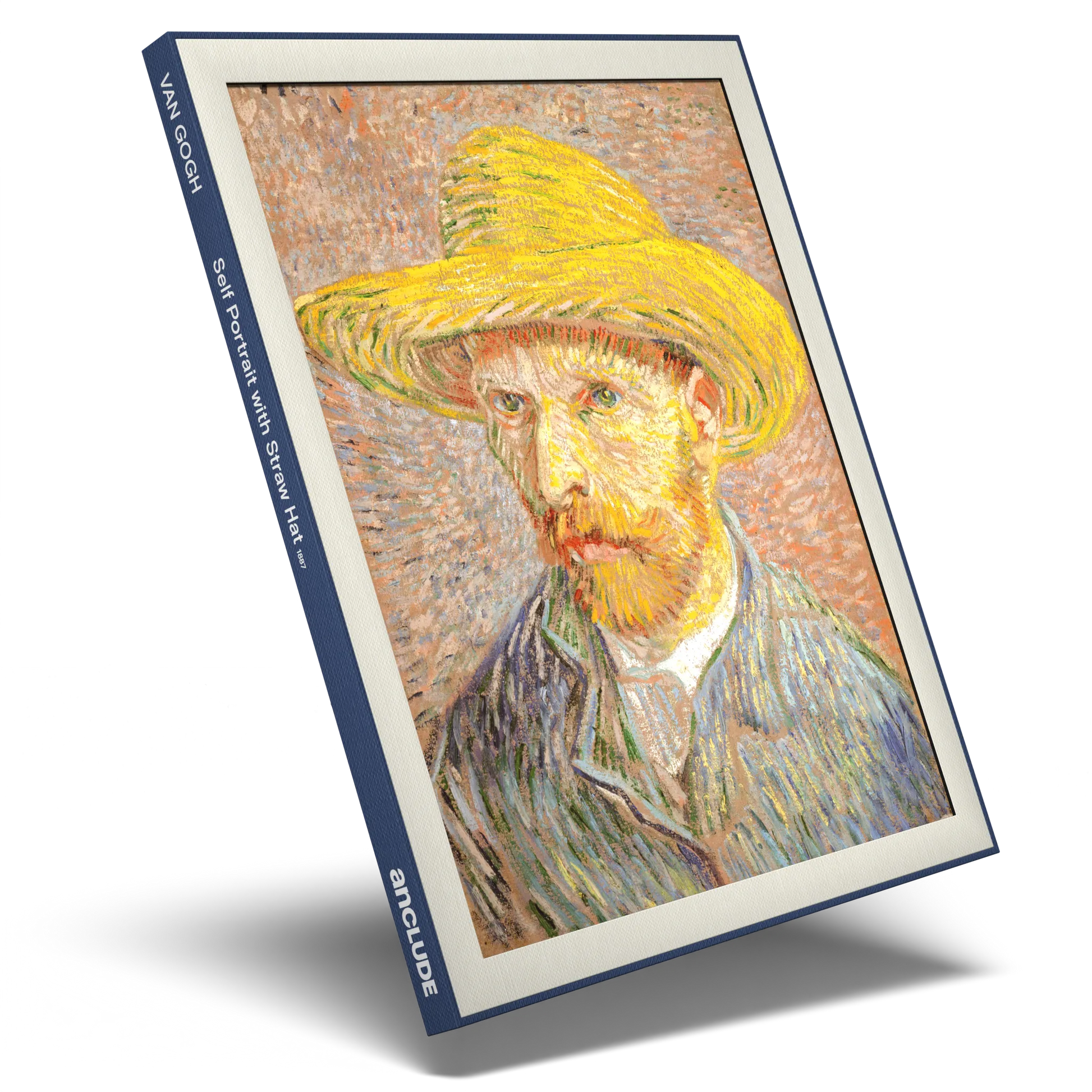 Angled shot of Self Portrait with Straw Hat art print by Vincent Van Gogh in Anclude’s collectible format
