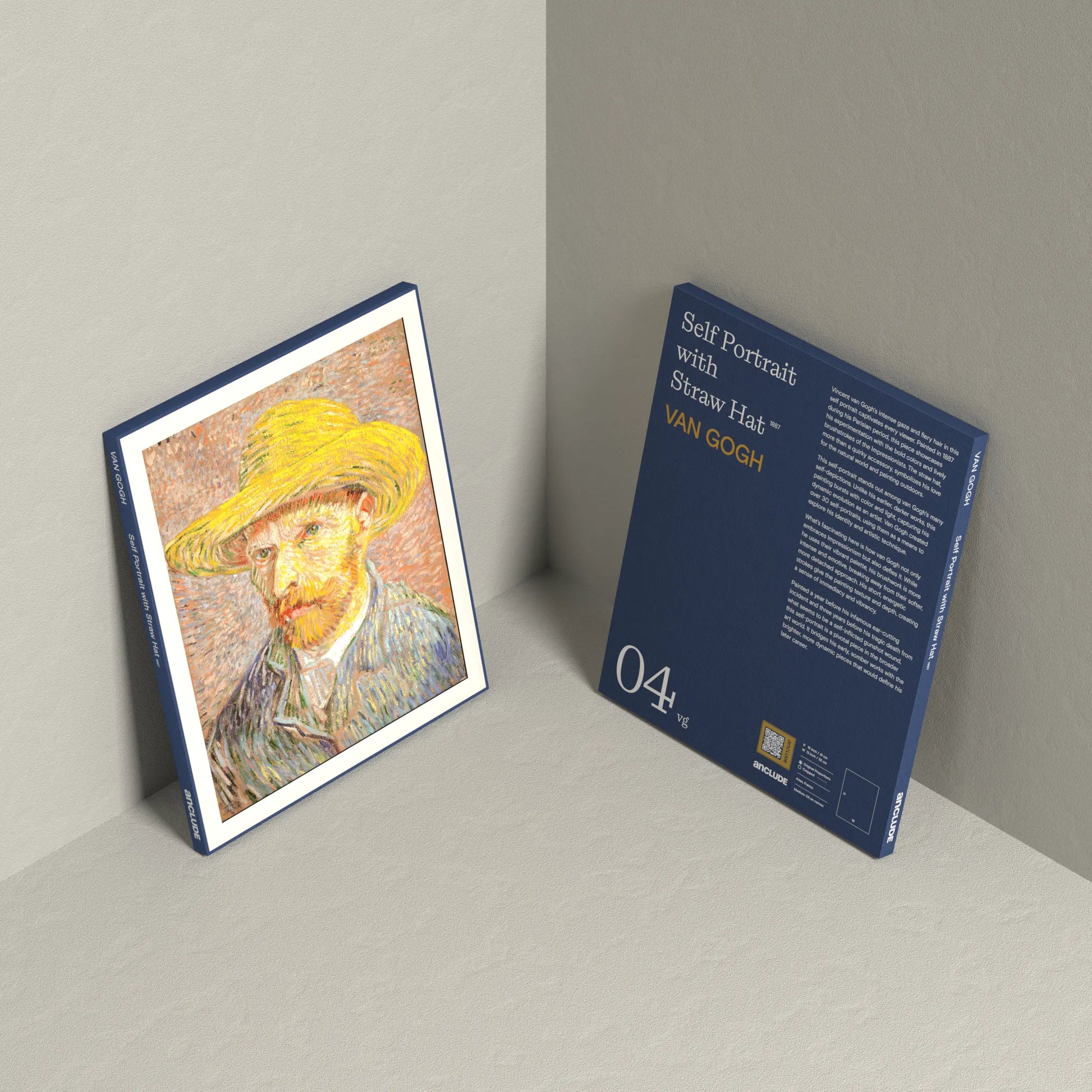 Corner setup showing front & back of Self Portrait with Straw Hat art print by Vincent Van Gogh on display, leaning against the wall